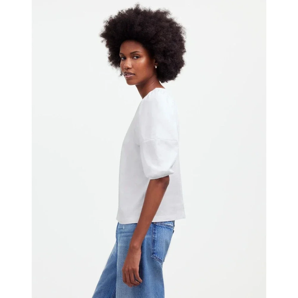 Madewell Small Puff Sleeve Tee White Cotton Short Sleeve Relaxed Round Neck NWT